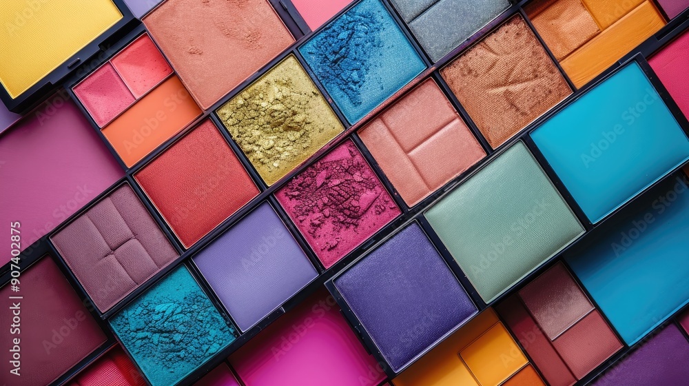 Eyeshadow palettes arranged in a flat lay style for a colorful makeup background Eyeshadow palettes arranged in a flat lay style for a colorful makeup background