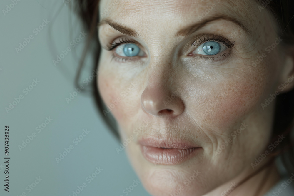 Fototapeta premium Close-up Portrait of an Elegant Mature Woman with Striking Blue Eyes and Freckled Skin