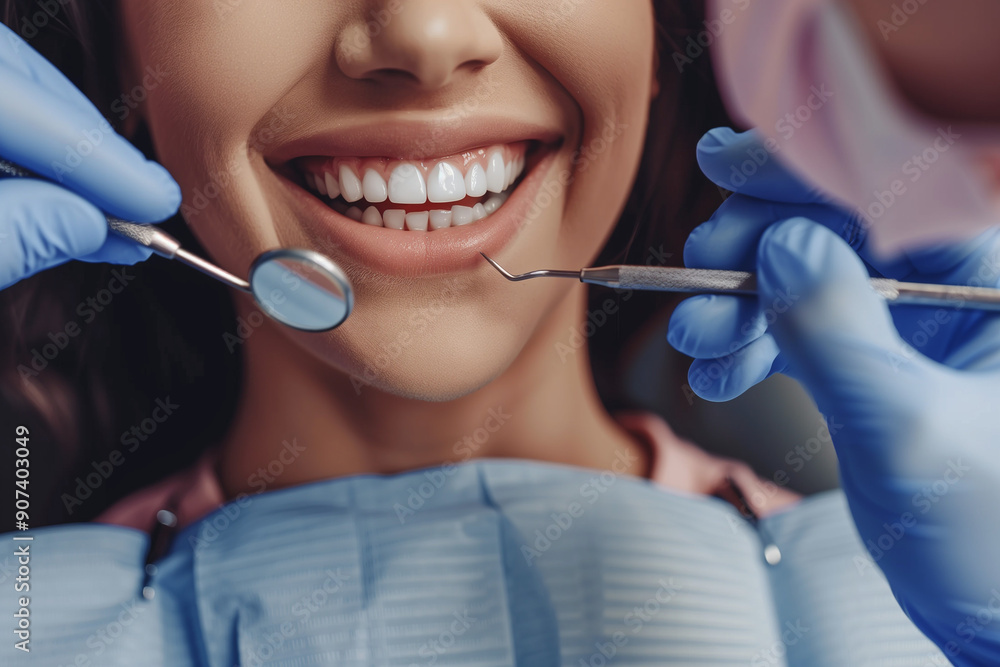 A Young Woman Receiving a Dental Check-Up by a Dentist in Blue Gloves, Focusing on Her Bright Smile and Dental Health in a Modern Clinic Setting A Young Woman Receiving a Dental Check-Up by a Dentist in Blue Gloves, Focusing on Her Bright Smile and Dental Health in a Modern Clinic Setting