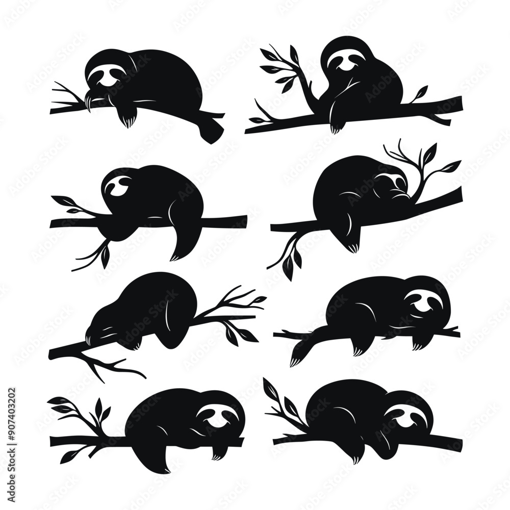 Fototapeta premium Set of 6 black silhouette sloth illustrations on white background. Perfect for design and decoration.