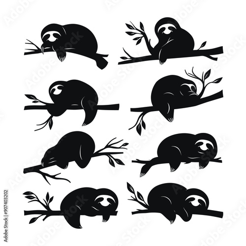 Set of 6 black silhouette sloth illustrations on white background. Perfect for design and decoration.