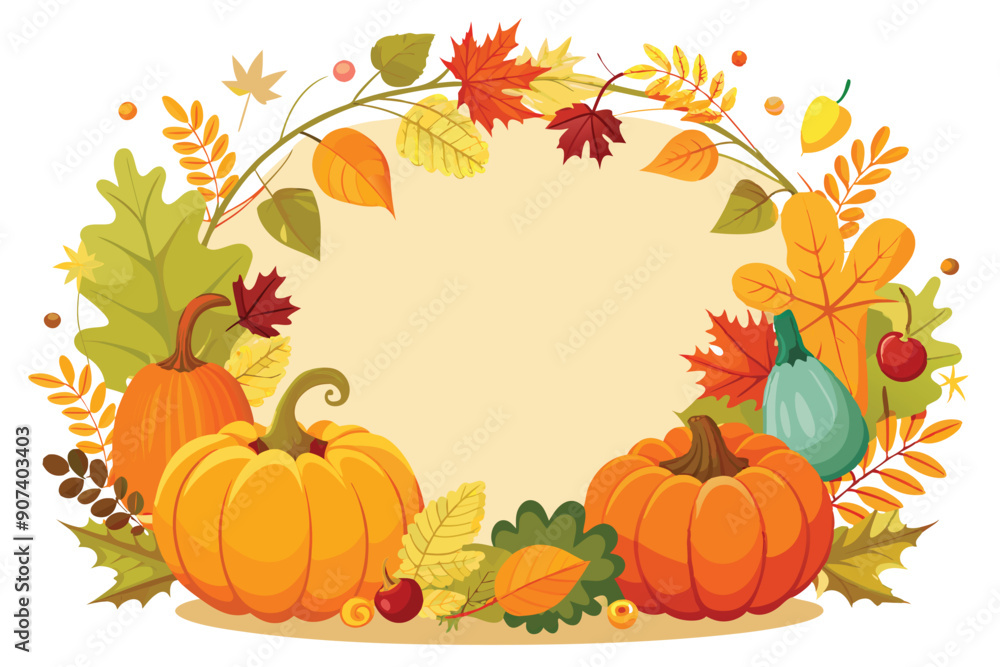 Naklejka premium Autumnal Wreath with Pumpkins, Leaves, and Berries