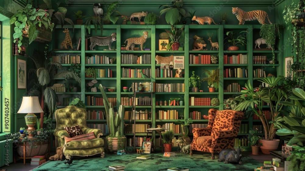 A home library with a vibrant jungle theme, featuring green walls, tropical plants, and animal-themed decor. A home library with a vibrant jungle theme, featuring green walls, tropical plants, and animal-themed decor.