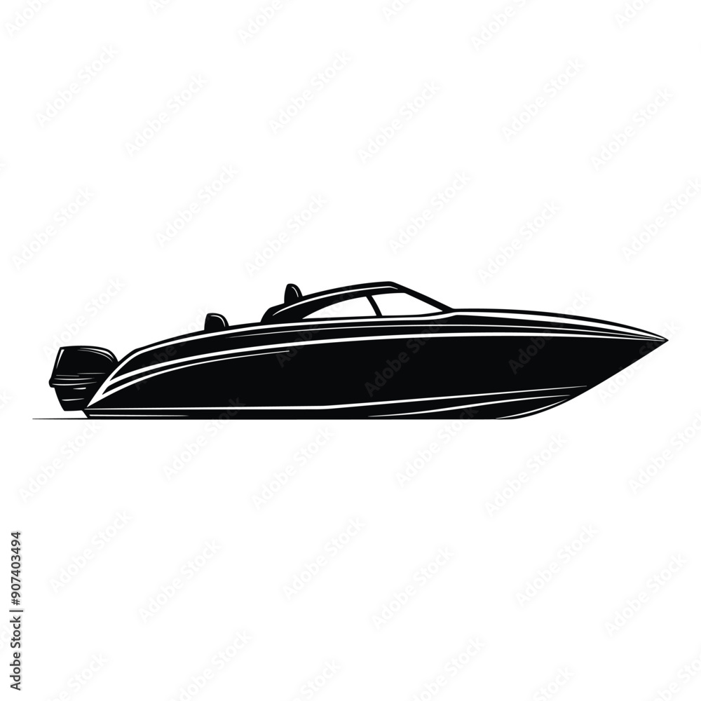 Black and white illustration of a speedboat with a single outboard motor. Black and white illustration of a speedboat with a single outboard motor.