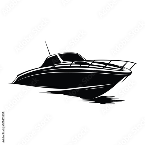 Black and white silhouette of a speedboat on water. 