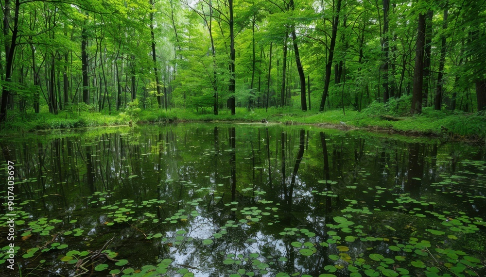 Tranquil Green Forest Pond Reflection on a Summer Day Tranquil Green Forest Pond Reflection on a Summer Day
