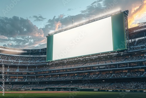 Blank billboard in a baseball stadium with a packed crowd.