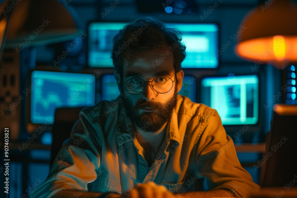 Fototapeta premium Man in Control Room at Night: Intense Stare with Reflective Glasses, Surrounded by Blue-Lit Monitors, Adding a Sense of Mystery and Deep Focus, Perfect for Themes Involving Surveillance, Security