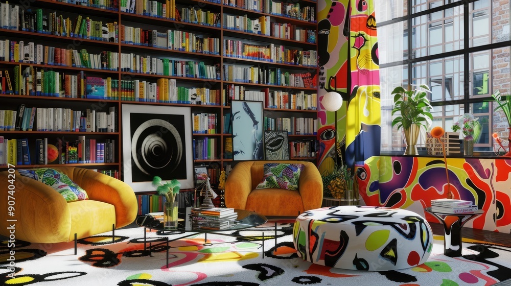 Fototapeta premium A home library with a vibrant, pop art design, featuring bold colors, graphic prints, and modern furniture.