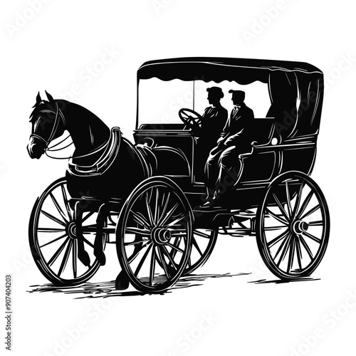 Silhouette of a horse drawn carriage with two passengers.  Vintage transportation.