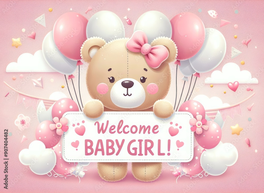 custom made wallpaper toronto digitalCute cartoon bear with pink balloons welcoming a new baby girl.
