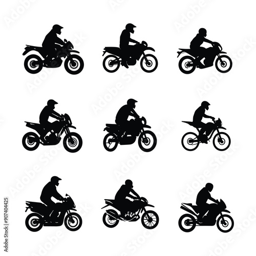 Set of motorcycle rider silhouettes, isolated on white background.