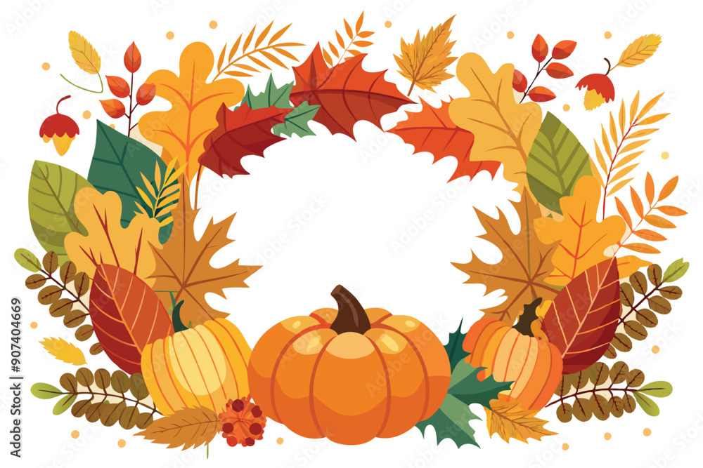 Naklejka premium Autumnal Wreath with Pumpkins and Colorful Leaves