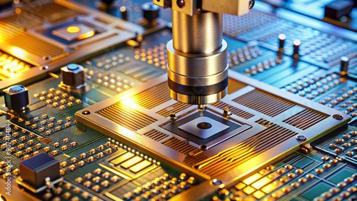Microscopic view of photolithography process with intricate circuit patterns and tiny semiconductor wafers on a cleanroom laboratory bench surface.