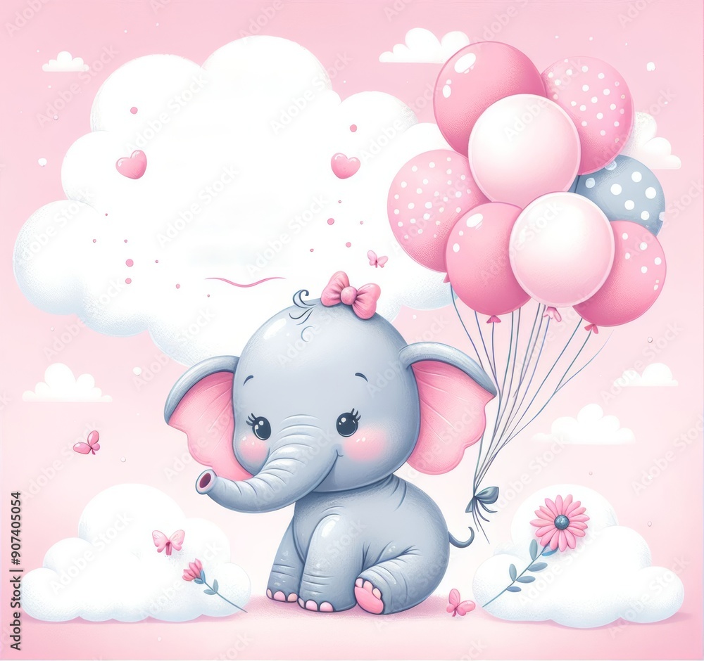 Adorable baby elephant holding pink balloons against a pastel background. Adorable baby elephant holding pink balloons against a pastel background.