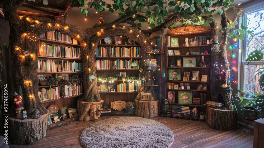 A home library with a whimsical, enchanted forest theme, featuring fairy lights, tree trunk shelves, and magical decor. A home library with a whimsical, enchanted forest theme, featuring fairy lights, tree trunk shelves, and magical decor.