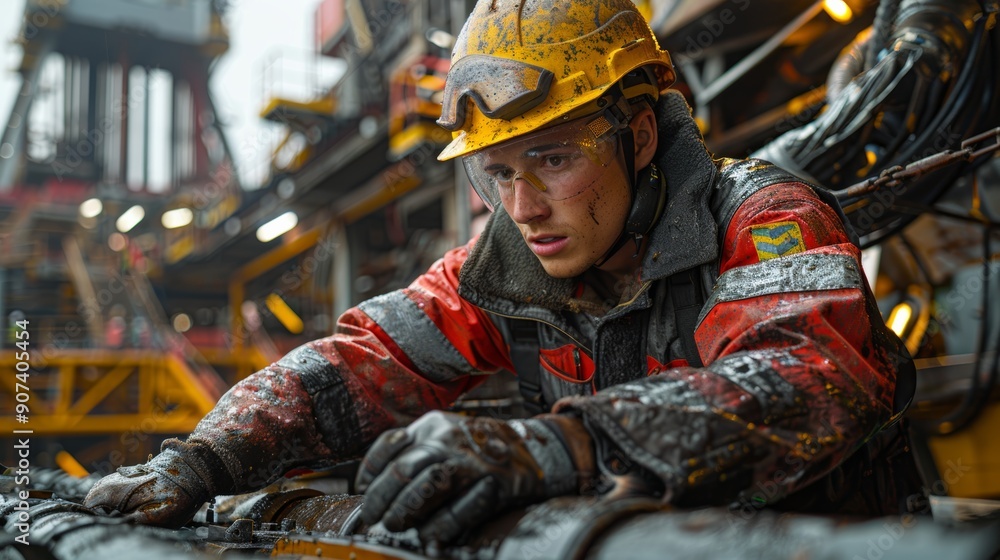 Young Worker Engaged in Maintenance Tasks on Oil Rig During Rainy Weather. Generative AI Young Worker Engaged in Maintenance Tasks on Oil Rig During Rainy Weather. Generative AI