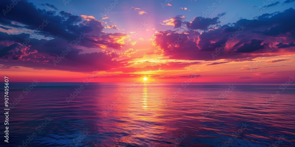 Fototapeta premium Sweeping Sunset Panorama at Dusk, Capturing the Serene Transition of Day to Night on the Horizon