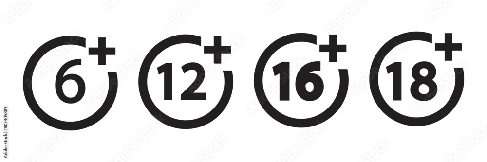 Age restriction signs set circle line isolated badge of different age limit on white background vector eps10 Age restriction signs set circle line isolated badge of different age limit on white background vector eps10
