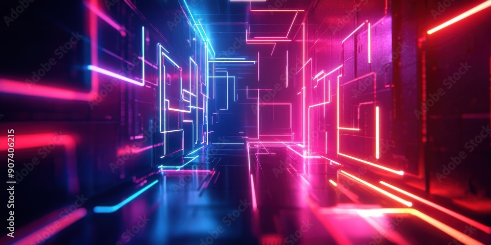 Neon-lit abstract shapes forming a futuristic tech concept, highlighting modern technology advancements, glowing lines on a dark background with copy space Neon-lit abstract shapes forming a futuristic tech concept, highlighting modern technology advancements, glowing lines on a dark background with copy space