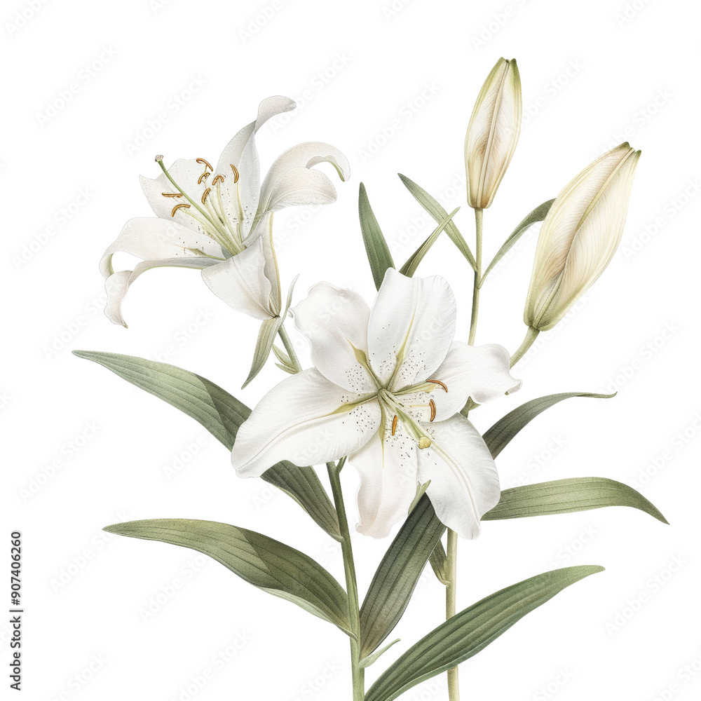 Elegant Botanical Illustration of Beautiful White Lilies with Green Leaves and Buds Elegant Botanical Illustration of Beautiful White Lilies with Green Leaves and Buds
