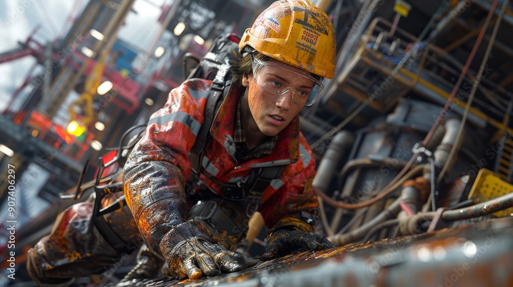 Skilled Worker Climbing High Structure at Industrial Construction Site During Daylight Hours. Generative AI Skilled Worker Climbing High Structure at Industrial Construction Site During Daylight Hours. Generative AI