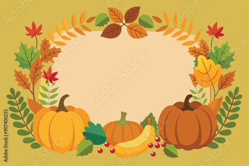 Autumnal Frame with Pumpkins, Leaves, and Berries