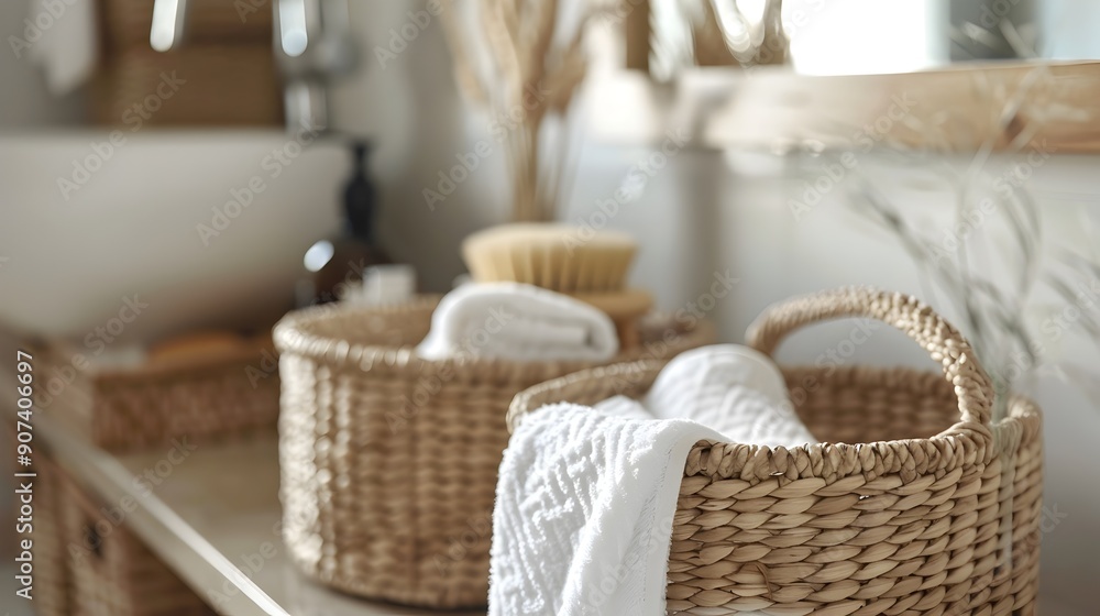 Fototapeta premium Germs Lurking on Bathroom Storage Baskets Highlighting Unseen Cleanliness Challenges