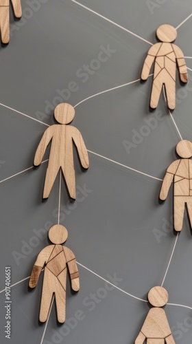 Wooden human figurines interconnected with strings on a gray background. photo