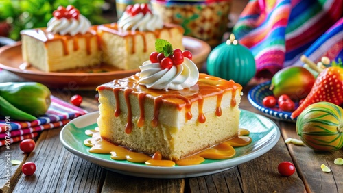 Wallpaper Mural Vibrant colors of Mexican dessert tres leches cake with caramel sauce drizzling on top surrounded by festive sombrero decorations. Torontodigital.ca