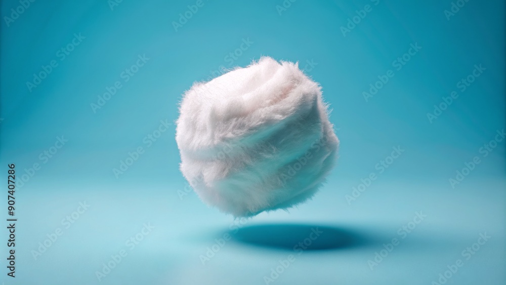 Obraz premium Whimsical white fluffy marshmallow isolated on crisp blue background with subtle gradient and soft focus effect accentuating its puffy texture.