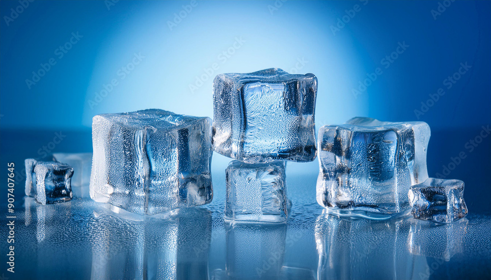 A textured transparent ice blocks on blue background with reflection; high quality photo A textured transparent ice blocks on blue background with reflection; high quality photo