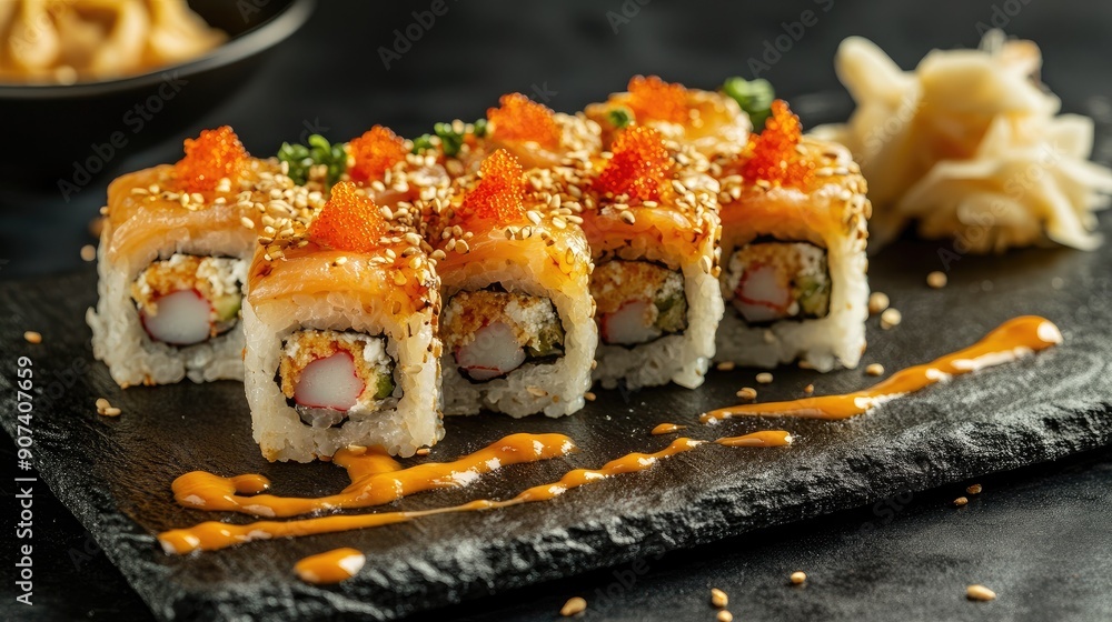 Detailed shot of isolated maki sushi rolls with a side of ginger, emphasizing the traditional Japanese culinary elements Detailed shot of isolated maki sushi rolls with a side of ginger, emphasizing the traditional Japanese culinary elements