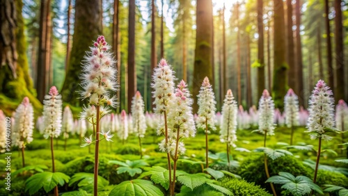 Fototapeta Naklejka Na Ścianę i Meble -  Vibrant tiarella flowers bloom in a lush forest surrounded by moss-covered trees and rustic wooden forest floor textures naturally.