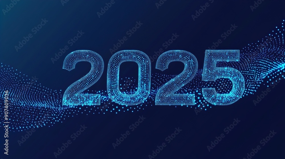 Abstract 2025 Happy New Year digital web banner template in futuristic glowing polygonal style on dark blue background.illustration Abstract 2025 Happy New Year digital web banner template in futuristic glowing polygonal style on dark blue background.illustration