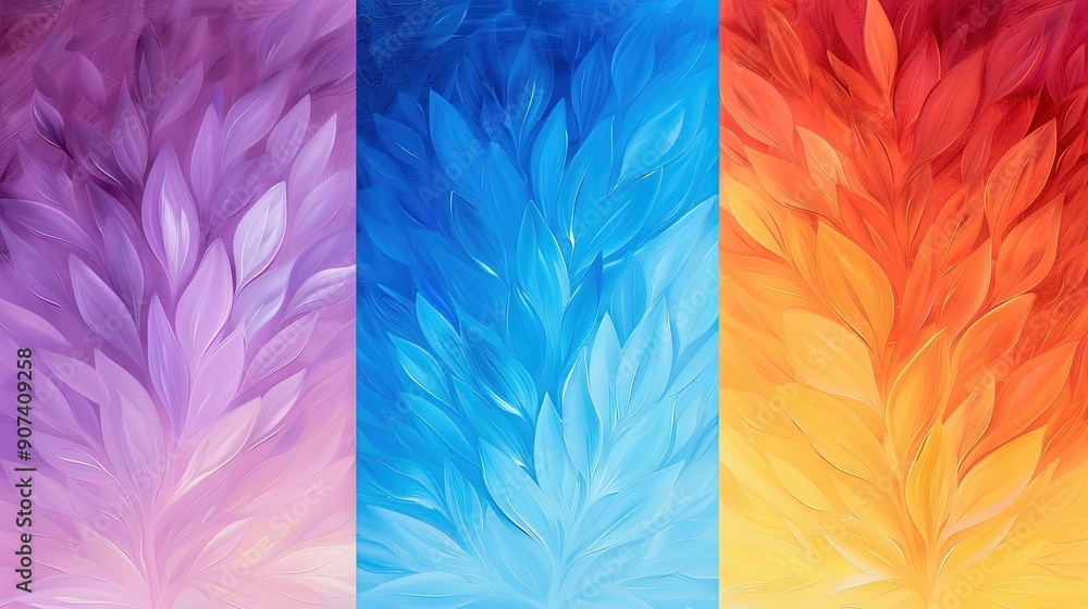 Abstract Triptych Art with Leaf Motifs and Color Gradients Abstract Triptych Art with Leaf Motifs and Color Gradients