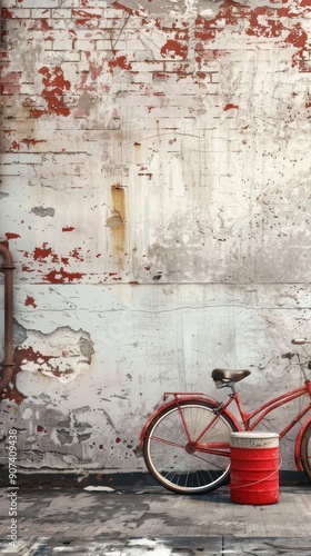 Vintage Red Bicycle Leaned Against Grungy Brick Wall.