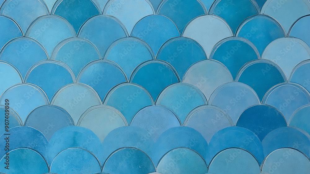Fototapeta premium Blue tile wall with fish scale pattern.