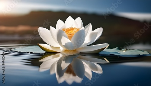 Tranquil Serenity. Beautiful White Lotus Flower Gracefully Floating Calm Reflective Waters. 