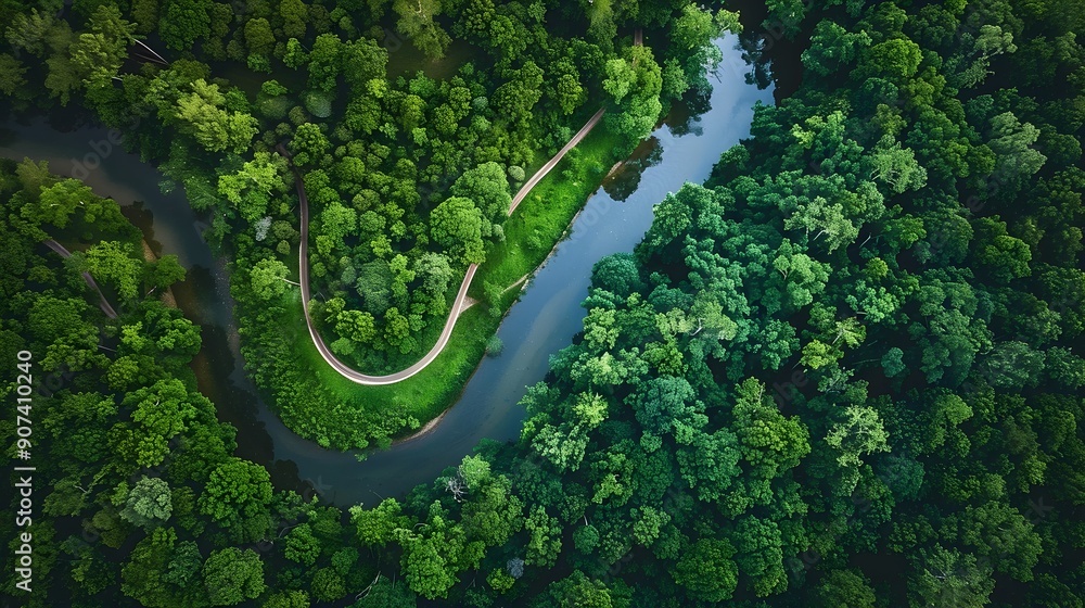 Breathtaking Aerial View of Winding River Flowing Through Verdant Forest Landscape Breathtaking Aerial View of Winding River Flowing Through Verdant Forest Landscape