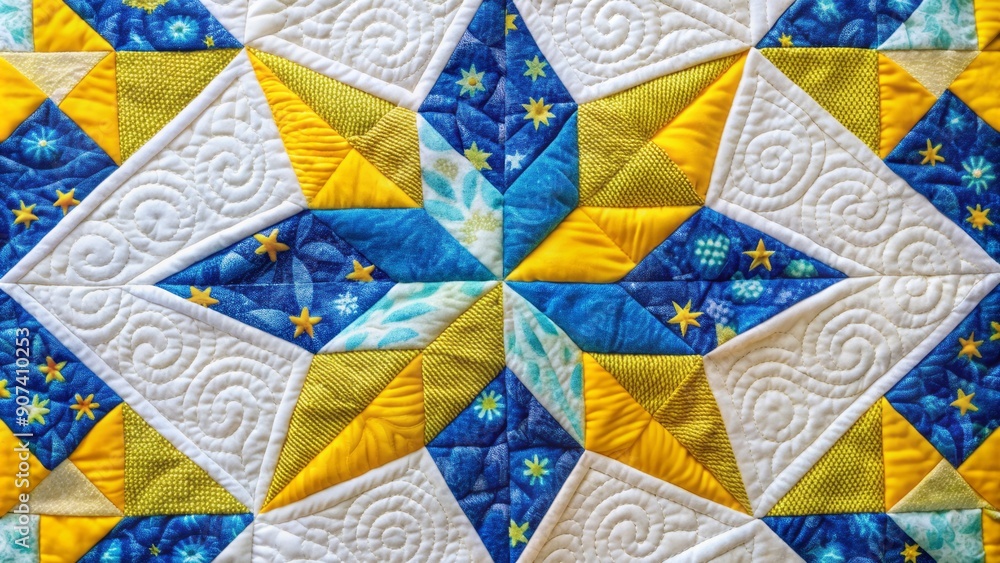 Fototapeta premium vibrant quilt star pattern with bright yellow and blue fabrics on a soft white background with subtle texture details
