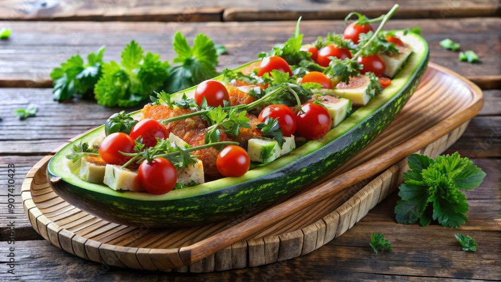 Delicate zucchini boat overflowing with flavorful fresh herbs and cherry tomatoes on rustic wooden platter awaiting summer gathering centerpiece. Delicate zucchini boat overflowing with flavorful fresh herbs and cherry tomatoes on rustic wooden platter awaiting summer gathering centerpiece.