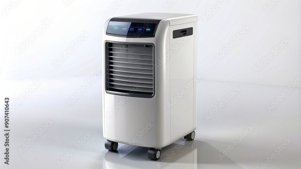 Modern sleek portable air conditioner on white background with wheels and digital display surrounded by cool mist and refreshing shadows. Modern sleek portable air conditioner on white background with wheels and digital display surrounded by cool mist and refreshing shadows.