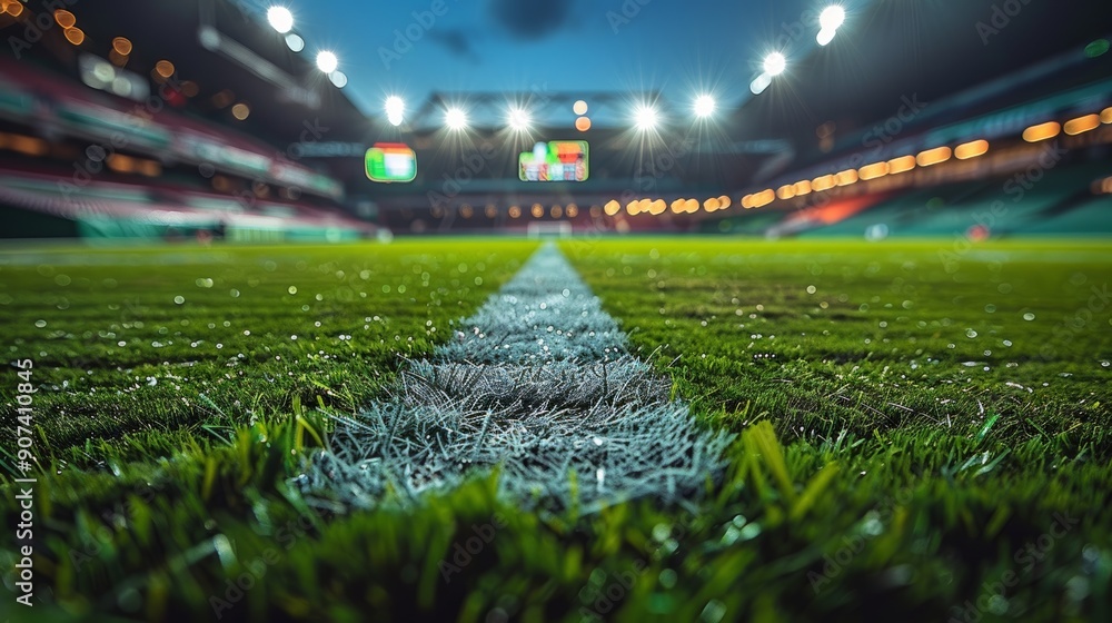 Evening View of a Well-Maintained Stadium Grass Field With Illuminated Goals. Generative AI Evening View of a Well-Maintained Stadium Grass Field With Illuminated Goals. Generative AI