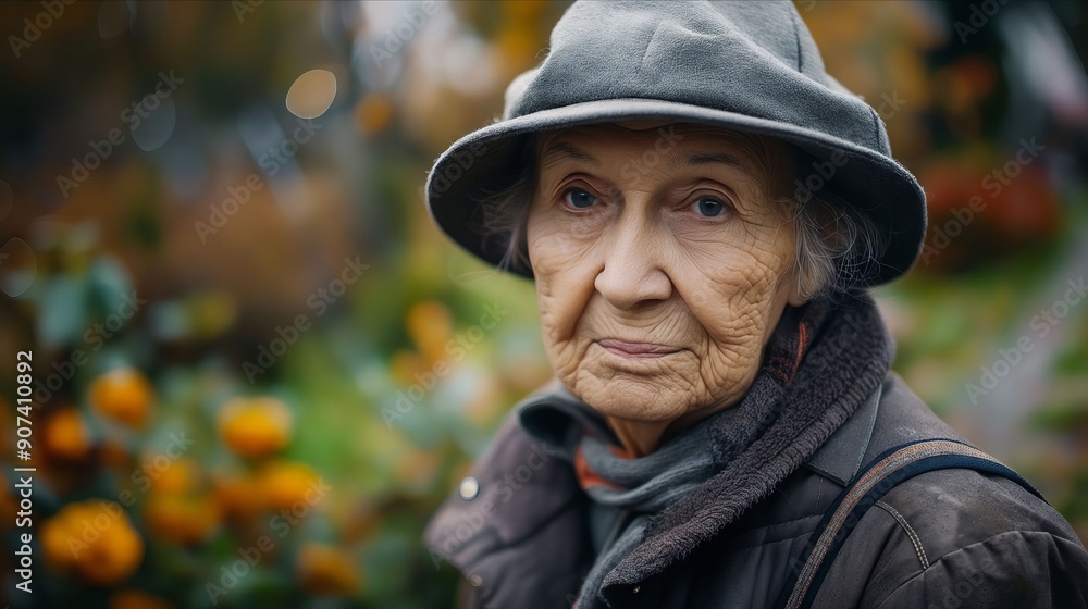 An old woman wearing a hat and jacket An old woman wearing a hat and jacket