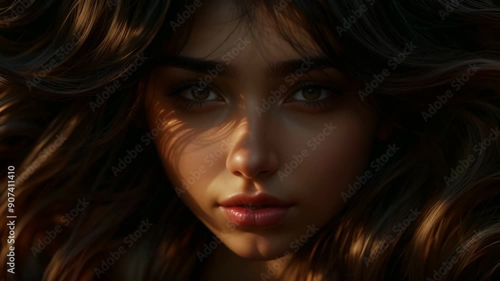 A stunning close-up of a young woman reveals her striking features and expressive gaze