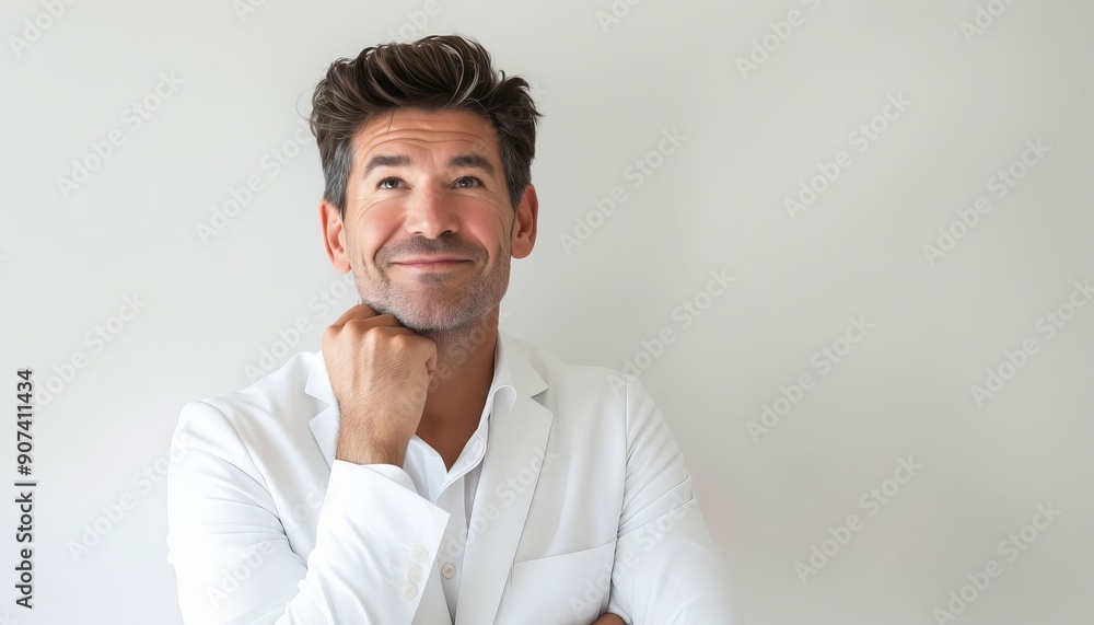 A man in a white suit with his hand on his chin A man in a white suit with his hand on his chin