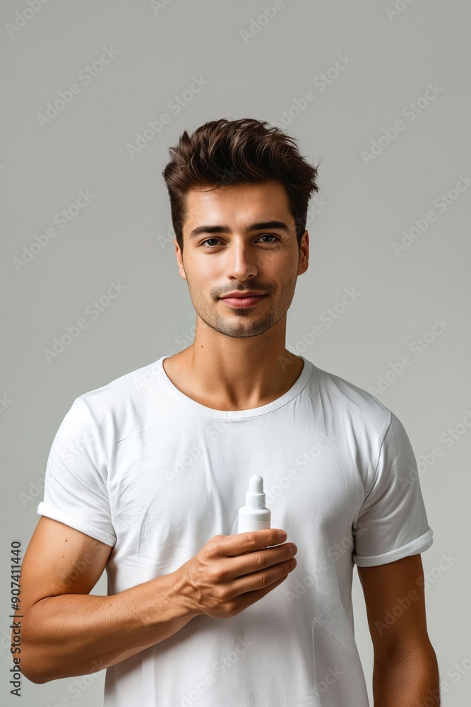 A man in a white t-shirt holding a bottle of serum A man in a white t-shirt holding a bottle of serum