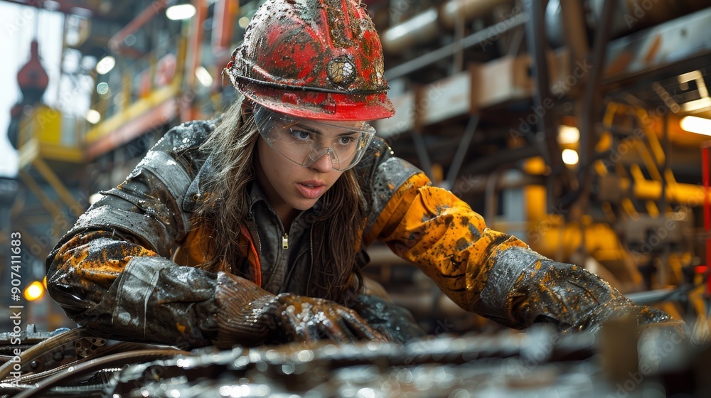 Women in Industrial Workwear Engaged in Mechanical Repair on A Rainy Day at Oil Rig Site. Generative AI Women in Industrial Workwear Engaged in Mechanical Repair on A Rainy Day at Oil Rig Site. Generative AI
