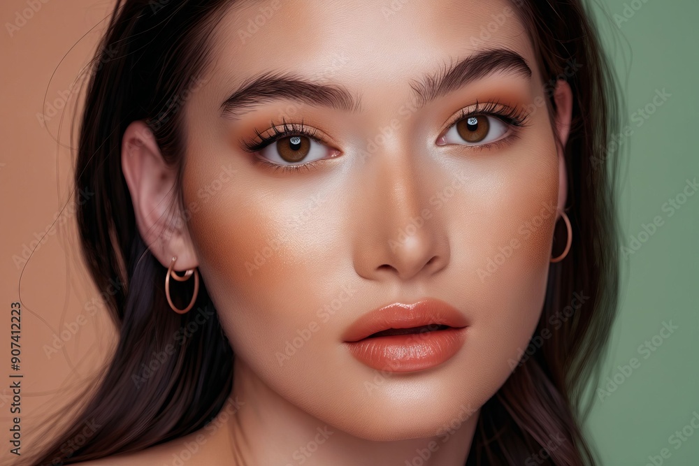 A close up of a woman's face with long brown hair A close up of a woman's face with long brown hair